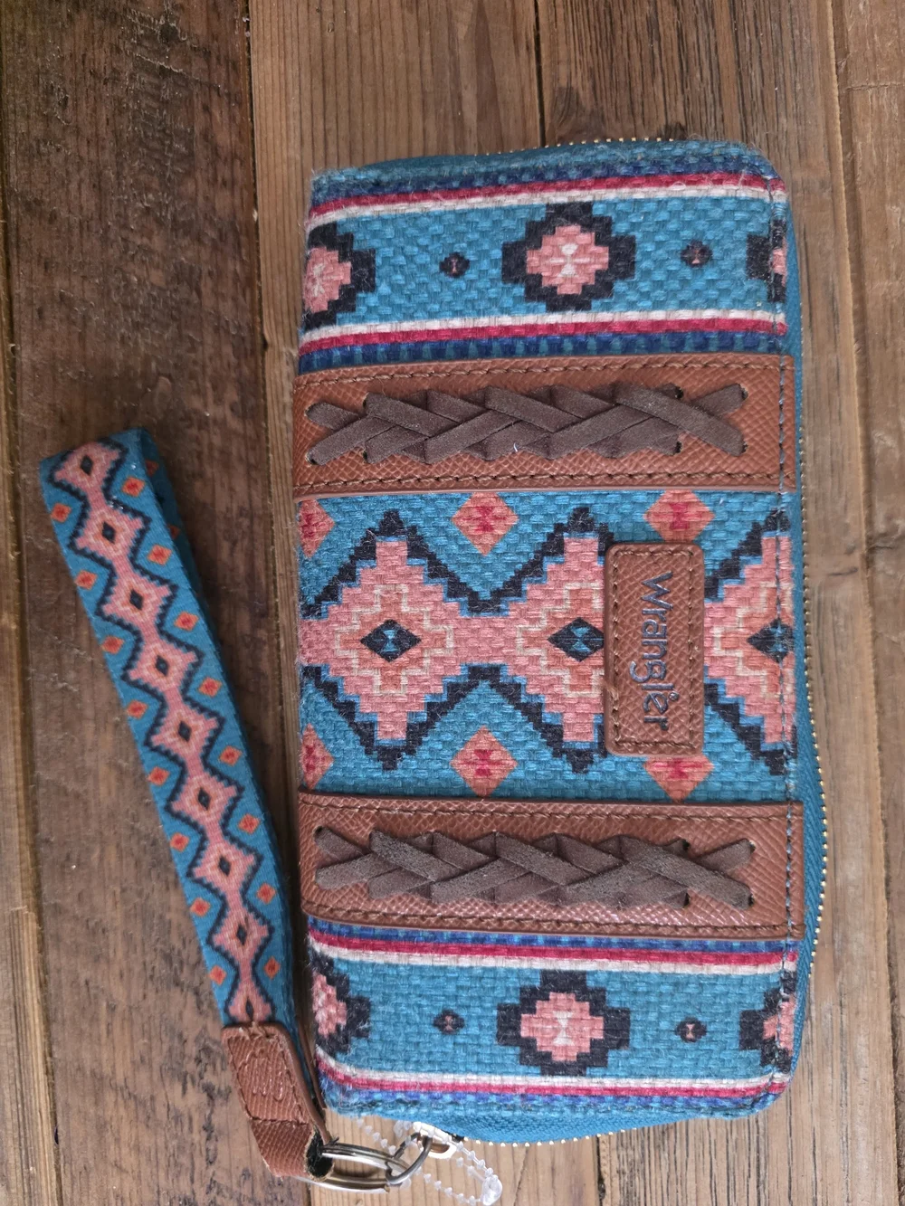 Wrangler Turquoise & Pink Aztec Wristlet Wallet with Brown Trim